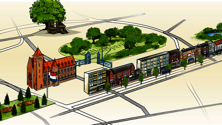 Getekende straten in centrum Zeist met gemeentehuis, panden langs de Slotlaan, Walkartparken beeld Eden 