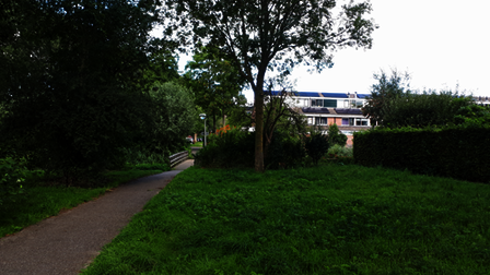 Wandelpad naast grasveld richting huizen